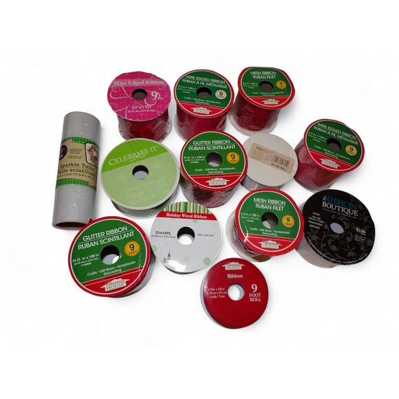 Christmas Winter (13) Ribbon Spool Lot Wire Edge Red Sequin Sparkle Tulle New - Picture 3 of 5